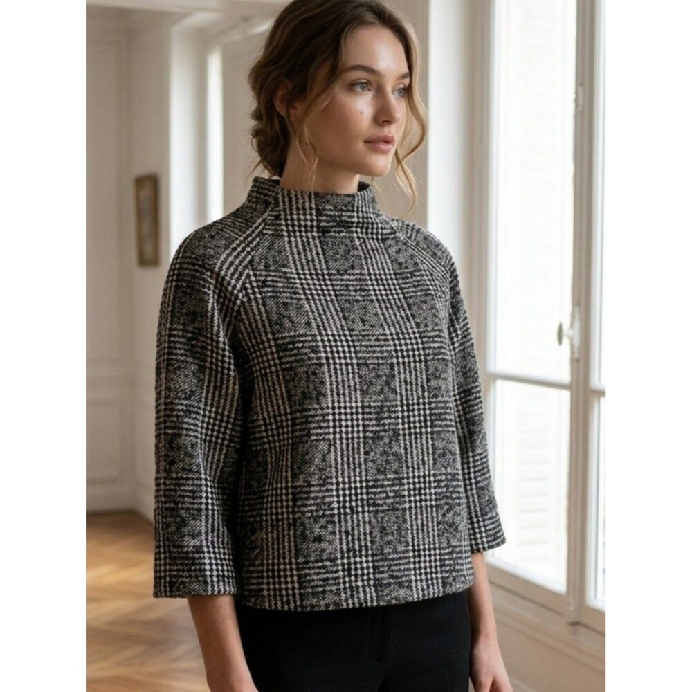 NWOT Zara Plaid Funnel Neck Crop Top | Black & White Gingham | Size Large